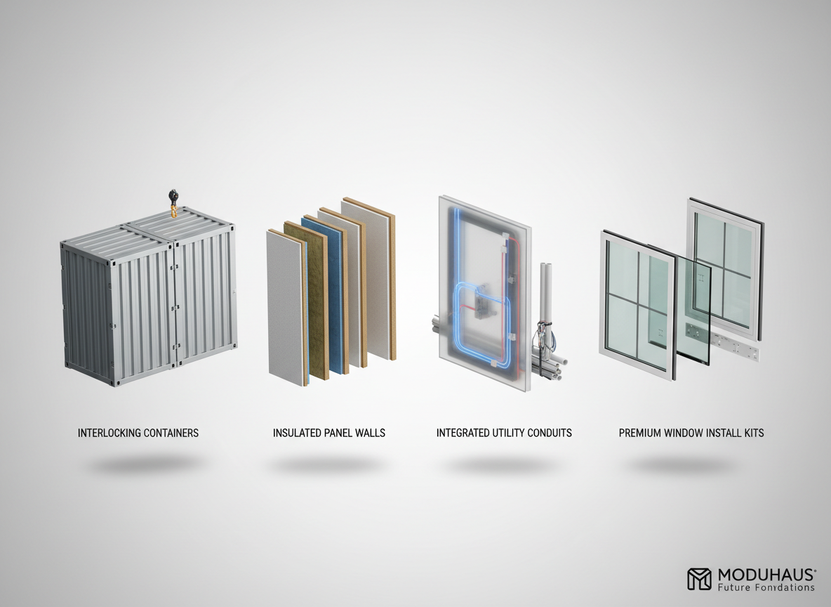 A visual breakdown schematic of a modular house system, rendered in high-resolution photographic style. The image displays key labeled components: interlocking containers, insulated panel walls, integrated utility conduits, and premium window install kits. Elements are arranged on a neutral, gradient background with faint drop shadows for dimensional clarity. Soft, indirect studio lighting highlights materials and surfaces, creating crisp contrast and cohesiveness. The composition uses the rule of thirds for a logical, easy-to-follow layout, with each part isolated yet clearly part of a unified system. The mood is educational and technical, perfectly suited to inform potential customers about the house’s construction features while maintaining a clean, corporate visual identity.
