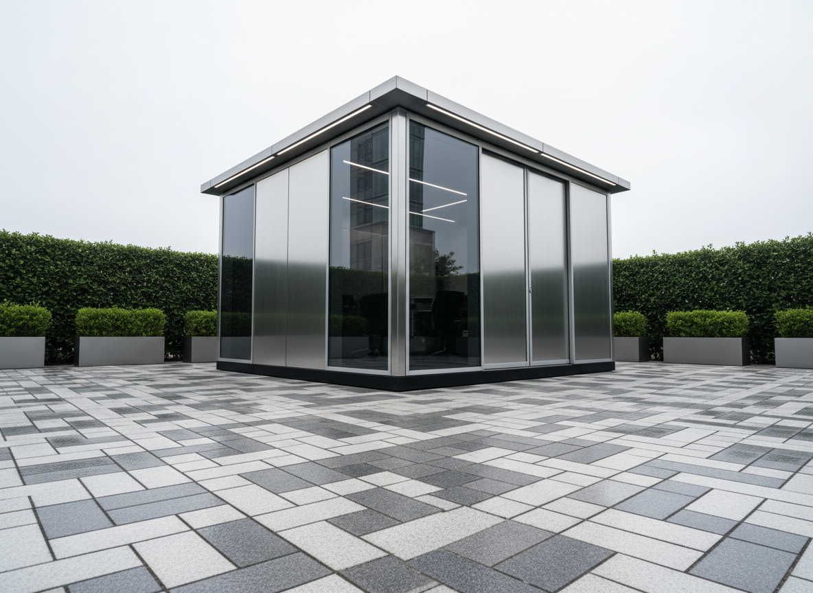 A precisely arranged modular office unit, constructed from brushed aluminum panels and reinforced glass walls, stands on a paved corporate plaza with geometric tile patterns. The office unit features precision-fitted doors, integrated led lighting strips along the roofline, and a subtle, muted color scheme of charcoal and cool silver. Surrounded by tastefully spaced planters and bordering a neatly trimmed hedge, the office radiates efficiency. Captured during overcast daylight, the lighting produces crisp, even illumination with gentle reflections on metallic surfaces. A low-angle, wide lens photograph accentuates the unit’s imposing corporate presence while maintaining sharp focus throughout. The atmosphere is structured and professional, embodying a sophisticated, minimalist photographic style.