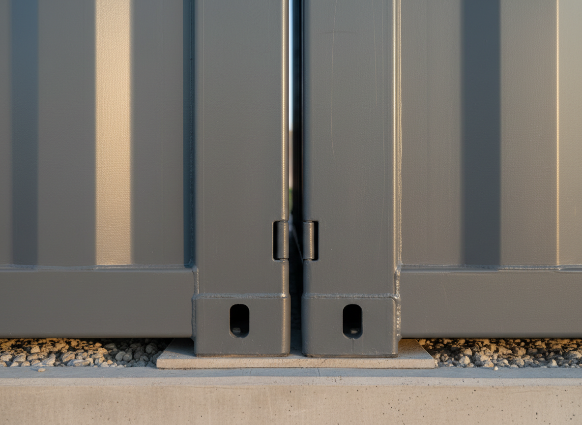A detailed shot of an exterior junction between two modular container sections, showcasing the high-grade, powder-coated steel construction with seamless welds and flush-mounted hardware. The brushed steel surface reflects subtle shades of gray and taupe, while rubber gaskets create a precise, sealant line between units. This section is set upon a neutral-toned concrete foundation, with gravel landscaping visible at the edge. Shot in soft afternoon light, the precision of the craftsmanship is accentuated by faint, natural highlights on the exposed surfaces. The mood is technical and exacting, nurturing confidence in construction quality. Captured close-up, straight-on, with a minimalist and photographic approach that speaks directly to the reliability of modular assembly.