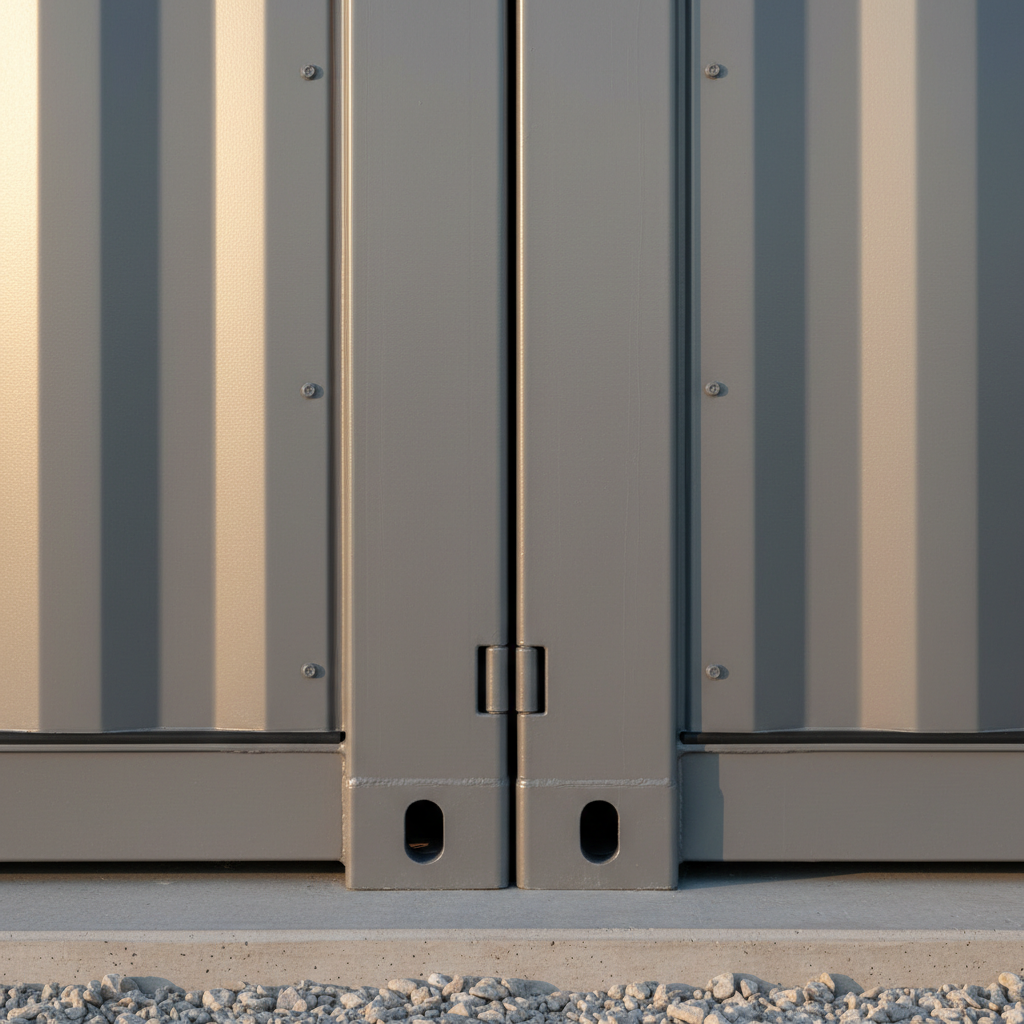 A detailed shot of an exterior junction between two modular container sections, showcasing the high-grade, powder-coated steel construction with seamless welds and flush-mounted hardware. The brushed steel surface reflects subtle shades of gray and taupe, while rubber gaskets create a precise, sealant line between units. This section is set upon a neutral-toned concrete foundation, with gravel landscaping visible at the edge. Shot in soft afternoon light, the precision of the craftsmanship is accentuated by faint, natural highlights on the exposed surfaces. The mood is technical and exacting, nurturing confidence in construction quality. Captured close-up, straight-on, with a minimalist and photographic approach that speaks directly to the reliability of modular assembly.