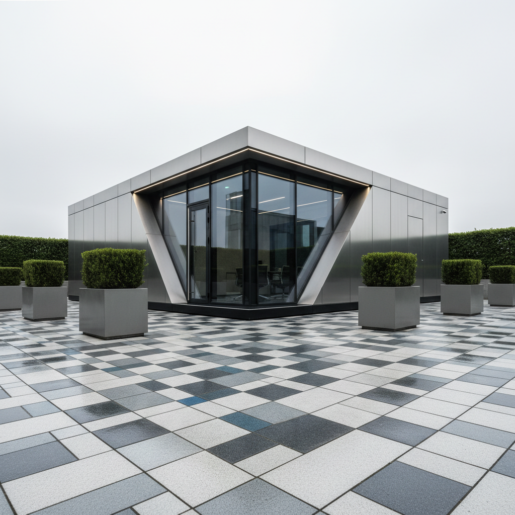 A precisely arranged modular office unit, constructed from brushed aluminum panels and reinforced glass walls, stands on a paved corporate plaza with geometric tile patterns. The office unit features precision-fitted doors, integrated led lighting strips along the roofline, and a subtle, muted color scheme of charcoal and cool silver. Surrounded by tastefully spaced planters and bordering a neatly trimmed hedge, the office radiates efficiency. Captured during overcast daylight, the lighting produces crisp, even illumination with gentle reflections on metallic surfaces. A low-angle, wide lens photograph accentuates the unit’s imposing corporate presence while maintaining sharp focus throughout. The atmosphere is structured and professional, embodying a sophisticated, minimalist photographic style.