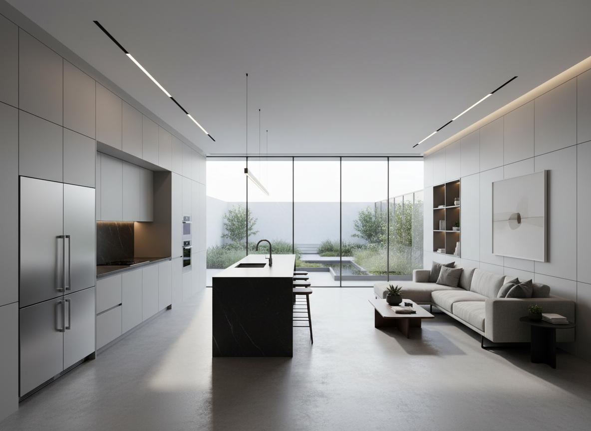 A spacious, modular living interior with sleek, light-gray wall panels and built-in matte cabinetry, accented by recessed LED lighting and dark stone counters. The open floor plan reveals a functional kitchen area with modern appliances and a minimalist workspace, all framed by a series of floor-to-ceiling windows that open to a landscaped patio. Gentle midday light streams in, filling the space with serene luminosity and subtle shadows. Photographed from an eye-level perspective with a wide angle, the layout appears balanced and inviting, with careful attention to uncluttered surfaces and streamlined aesthetics. The overall style is clean, organized, and distinctly corporate—projecting a sense of comfort, clarity, and professionalism.