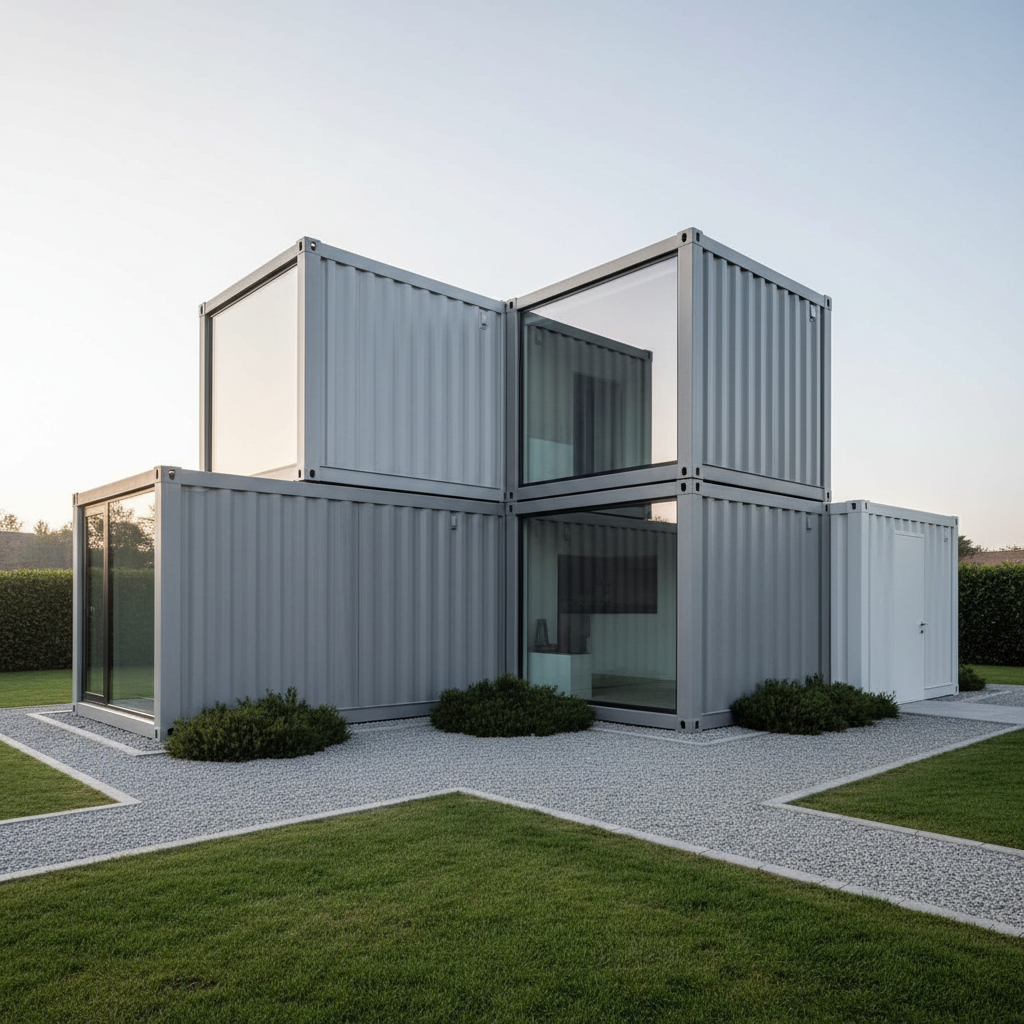 A contemporary modular home constructed from pristine, matte steel containers with clean architectural lines and seamless corner joints. The facade features large, frame-less windows and a subtle palette of neutral grays and soft whites. The structure is set in a manicured lawn with minimalist gravel pathways, surrounded by a few sleek, low-profile bushes. Bathed in diffused morning light, the building’s elevations are highlighted with subtle shadows, accentuating its geometric simplicity. Photographed from a slightly elevated, three-quarter angle, the composition keeps the structure centered, achieving a sense of balance and corporate professionalism. The atmosphere is calm, ordered, and progressive, with a strong emphasis on photographic realism and a clean, modern design sensibility, supporting the brand’s professional image.
